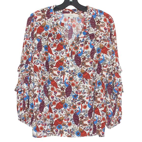 Loft Top Peacock Ruffle Boho Romantic Cottagecore Tiered Sleeve Floral Medium - Picture 1 of 6
